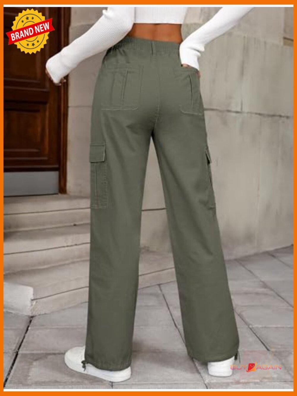 Wide Leg Baggy Cargo Jeans High Waisted Stretch Drawstring Ankle Cuff 6 Pockets - Picture 6 of 7